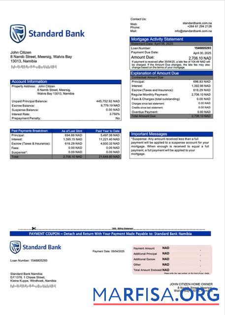 Printable Namibia Standard Bank Namibia mortgage statement Word and PDF template
